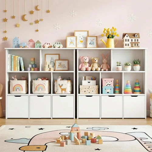 Miniatura 3 de Teckid Organizador de almacenamiento de juguetes con 3 cajones móviles y 5 cubos abiertos, estantería para niños y armario de almacenamiento