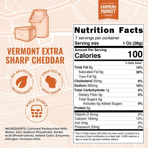 Miniatura 2 de Farmers Market, Sin gluten, Keto, Paleo, Bajo en sodio, Cero azúcar, Queso de Wisconsin, 1 paquete, Cheddar extra fuerte de Vermont