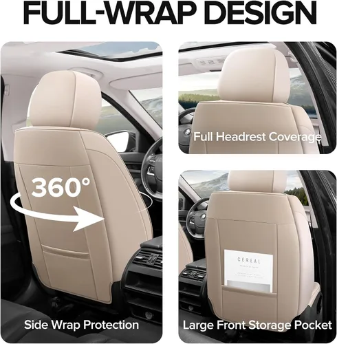 Miniatura 2 de CAPITAUTO Juego completo de fundas de asiento de automóvil, fundas de asiento beige para automóvil con soporte lumbar, fundas de asiento