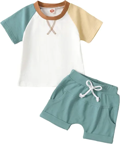 MAINESAKA Ropa de verano para bebé niño pequeño, camiseta de manga corta de color en bloque, pantalones cortos a rayas, 2 piezas