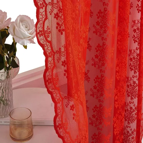 Miniatura 4 de Juego de 2 paneles de cortinas traslúcidas rojas de 63 pulgadas de largo, cortinas de encaje de Navidad para dormitorio, tratamientos de ventana