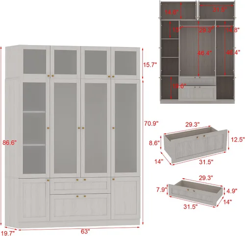 Miniatura 2 de Armario grande, armario de madera con puertas de vidrio esmerilado, armario para dormitorio con 2 cajones, barra para colgar y organizar