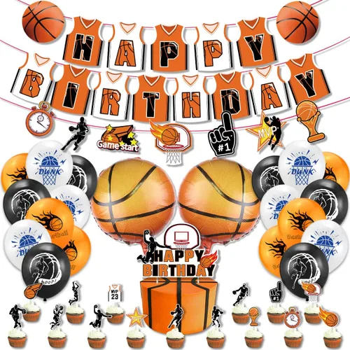 40 piezas de decoración de fiesta de baloncesto – Cartel de feliz cumpleaños, globos, adornos para pasteles para niños y niñas