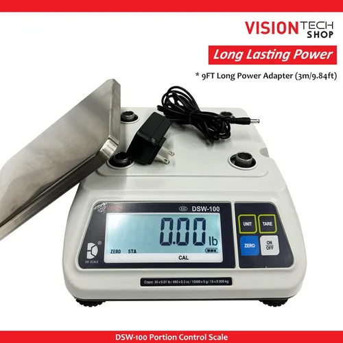 Miniatura 6 de VisionTechShop DSW-100 Báscula de alimentos para porciones con pantalla LCD única, bandeja de acero inoxidable, capacidad de 15 libras, legibilidad