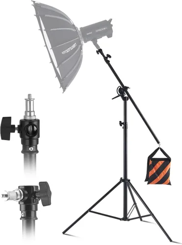 VEVOR Soporte de luz de aluminio, altura máxima de 12.8 pies/153.5 in, soporte de fotografía ajustable con brazo de pluma, bolsa de arena, carga