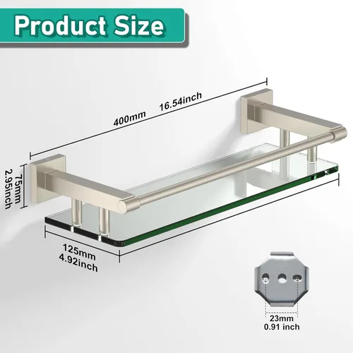 Miniatura 2 de Estantes de vidrio para baño, estantes de baño de níquel cepillado de 16 pulgadas para pared, rectangulares de acero inoxidable, vidrio templado