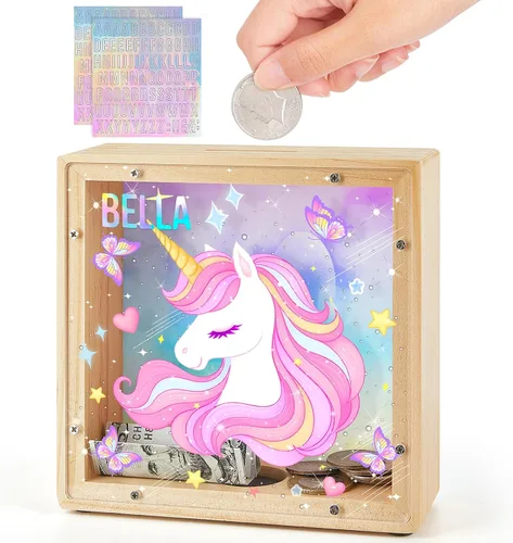 Miniatura 10 de Alcancía para niños, banco de monedas de madera para niños y niñas, dinosaurio unicornio alcancía con calcomanías de bricolaje para cumpleaños