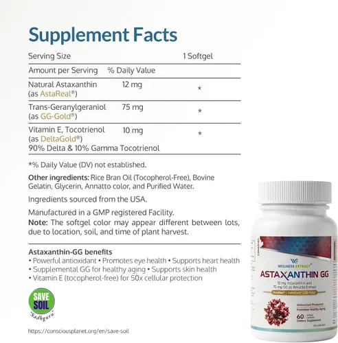 Miniatura 2 de Suplemento de astaxantina de 12 mg – AstaREAL™ Procedente de microalgas con geranilgeraniol GG-Gold® y Tocotrienoles DeltaGold®, sin OMG, sin