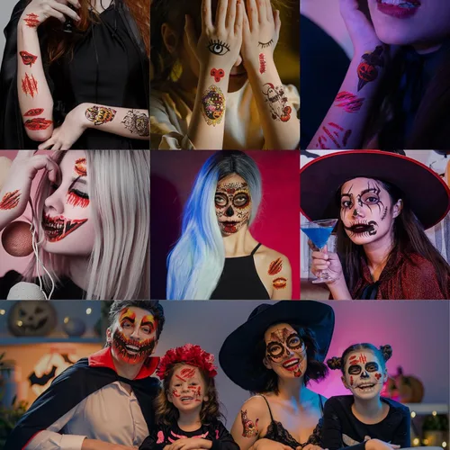 Miniatura 5 de 50 piezas de tatuajes faciales de broma de Halloween para adultos, mujeres y hombres, 10 calcomanías de terror para Halloween, 40 piezas de tatuajes