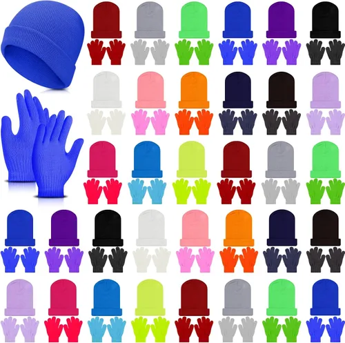 Miniatura 11 de Handepo 60 unidades de gorro y guantes de invierno para niños, sombreros de punto a granel, guantes cálidos unisex para clima frío, regalos