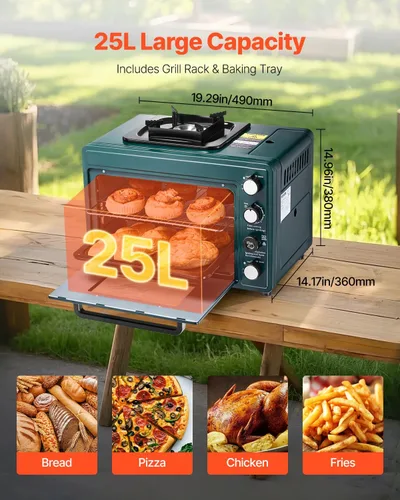 Miniatura 6 de VEVOR Horno de Acampada al Aire Libre, Combo de Estufa de Gas Portátil de 2 en 1, Fuego Ajustable, Temporizador de 60 Minutos, a Prueba de Viento