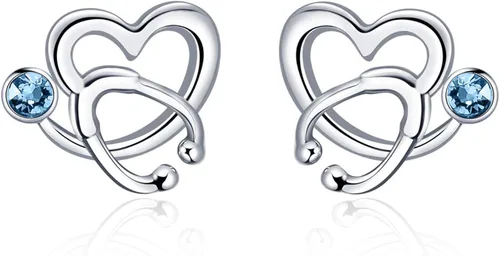 AOBOCO - Aretes tipo dormilona de plata esterlina con forma de estetoscopio y piedras natales de imitación, joyería fina para regalo enfermero,