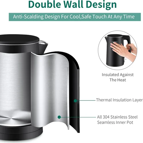 Miniatura 3 de MEISON Hervidor Eléctrico, 1.7 L Doble Pared de Acero Inoxidable de Grado Alimentario Interior, Hervidor de Agua, Cafetera y Tetera, Apagado