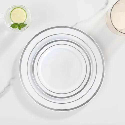 Miniatura 4 de AOZITA 200 platos de plástico plateados, platos desechables de plástico para fiestas, bodas y cumpleaños