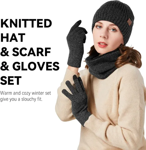 Miniatura 16 de OZERO Juego de 3 piezas de gorro de invierno y bufanda para mujeres y hombres: guantes para pantalla táctil, gorro de punto, calentador de cuello