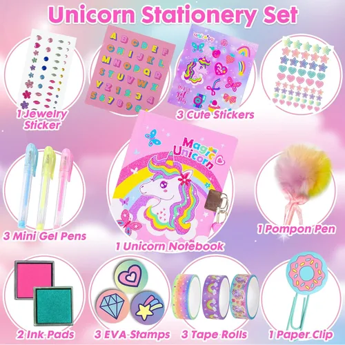 Miniatura 2 de Regalos de unicornio para niñas de 5, 6, 7, 8, 9, 10-12 años, juego de papelería de unicornio para niños con diario secreto, sellos, bolígrafos, Set