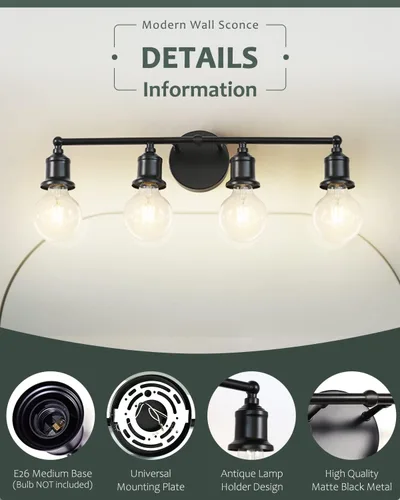 Miniatura 4 de Lámpara de tocador de 4 luces, aplique industrial de pared negra, lámpara de pared de baño de granja, lámpara de pared con base E26 vintage