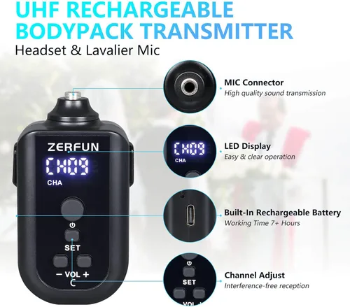 Miniatura 4 de Sistema de Micrófono Inalámbrico Recargable de 4 Canales, Micrófono de Mano de Metal UHF Profesional con Auriculares y Micrófono de Solapa Lavalier