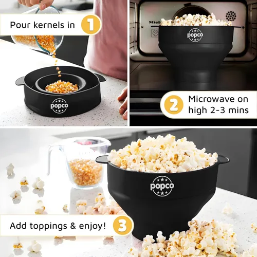 Miniatura 5 de La original Popco - Palomera de silicona para microondas, con asas, para hacer palomitas de maíz, sin BPA y apta para lavavajillas, 10 colores Negro