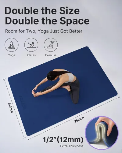 Miniatura 2 de YOTTOY Tapete de yoga grande (75 x 52 x 1/2 pulgadas), tapete de ejercicio TPE extra ancho, tapete de entrenamiento antideslizante para pilates, Azul