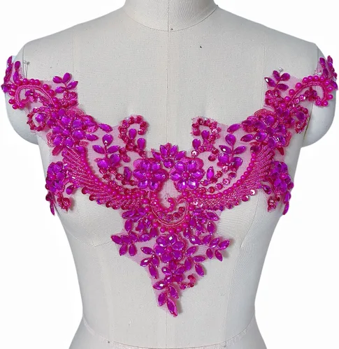Miniatura 13 de Parches de encaje con flores y cuentas de perlas, apliques de strass para coser en ropa, cuello (AB)