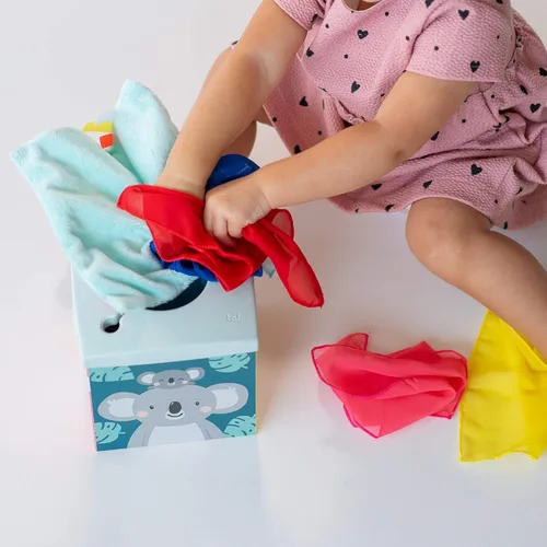 Miniatura 9 de Taf Toys Caja de Pañuelos Sensoriales Arrugados para Niños Pequeños. Juguete STEM Montessori con Pañuelos Suaves Coloridos y Mantitas Crujientes
