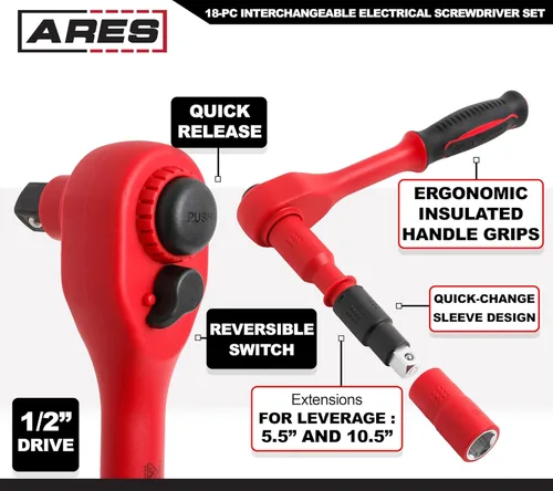 Miniatura 5 de ARES 19004-Juego de herramientas eléctricas aisladas de 37 piezas, mango ergonómico con 19 tamaños de destornillador y 4 llaves de gabinete