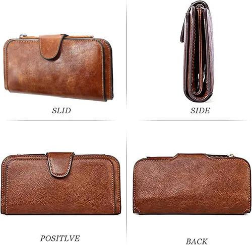 Miniatura 4 de Cartera de cuero para mujer, monedero de embrague para tarjetas de crédito, soporte para monedas, plegable, Cera de Aceite Marrón, Classic