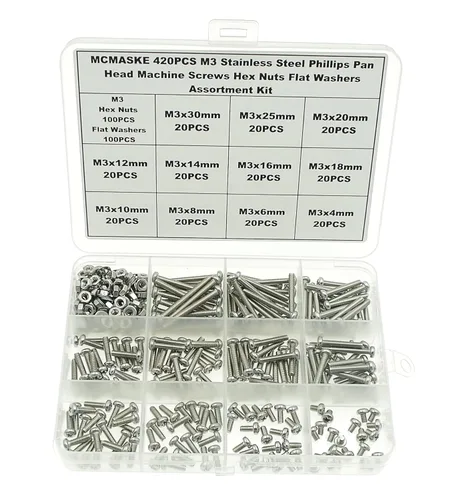 Juego de 420 tornillos de cabeza plana M3 Phillips, tuercas planas, arandelas planas, acero inoxidable 304, longitud de los tornillos: 0.157 in a