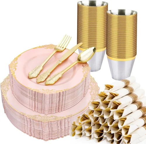 Miniatura 9 de Realluck 350 piezas platos de plástico blanco y dorado, juego de vajilla de plástico para 50 invitados, 100 platos desechables, 150 cubiertos, 50