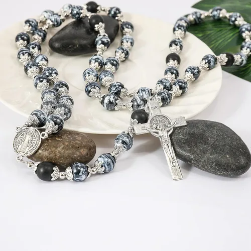 Miniatura 4 de Nazareth Store Rosario de cristal negro de San Benito cuentas de ágata collar de medalla de protección contra el mal y crucifijo de oración Rosarios