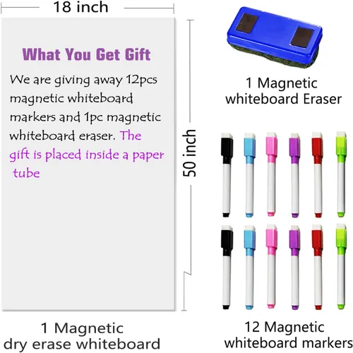 Miniatura 4 de Papel magnético de borrado en seco para pared, 50 x 18 pulgadas, adhesivo autoadhesivo para pizarra blanca con 12 marcadores magnéticos y borrador