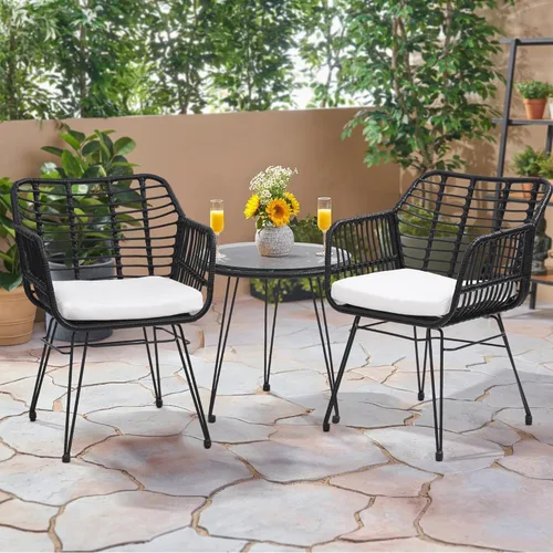 Miniatura 9 de KROFEM - Juego de muebles de ratán para patio de 3 piezas estilo bistró, incluye 2 sillas de ratán y mesa con tapa de vidrio, ideal para porche