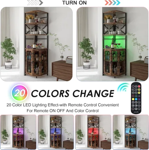 Miniatura 5 de Gabinete de bar de vino con toma de corriente, gabinete industrial de vino de 6 niveles con luz LED y soporte para vidrio, gabinete de vino