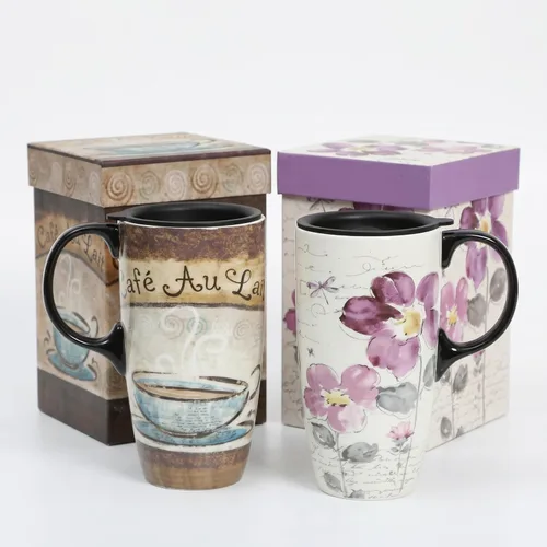 Miniatura 13 de Topadorn Taza de café de cerámica de 17 onzas con tapa y caja de regalo para viaje, Flor Roja y Mariposa Botanical Gardens