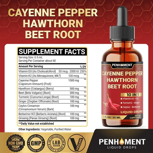 Miniatura 2 de 10 en 1 3000 mg de pimienta de cayena espino baya vitamina D3 K2 raíz de remolacha jengibre gotas líquidas y más – Apoyo a la digestión – 1 onza
