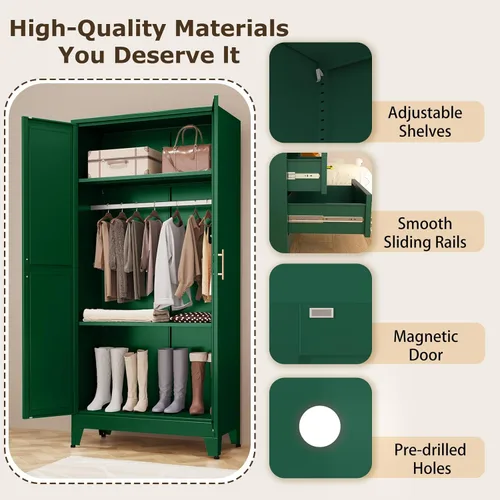 Miniatura 3 de Armario de almacenamiento de metal con espejo y barra para colgar, armario de ropa de metal de 71 pulgadas con 2 puertas y 2 estantes ajustables