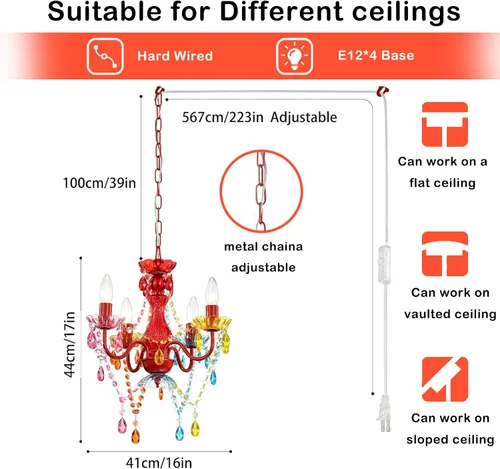 Miniatura 2 de Alighting Candelabros enchufables, lámpara de techo colgante de cristal acrílico pequeño colorido de 4 luces con cable de 20 pies, sin cableado