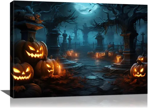 vandlife Decoración de Halloween para el hogar, lienzo de tumba espeluznante color azul oscuro, arte de pared con farol de calabaza sonriente