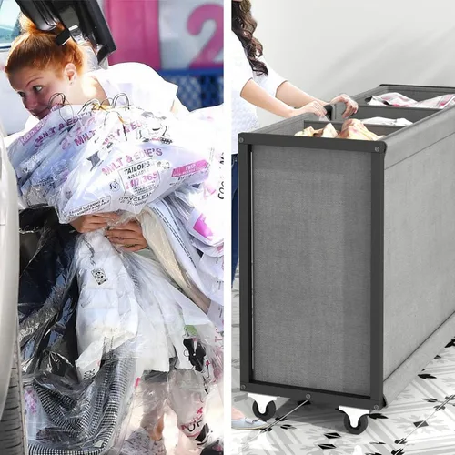Miniatura 4 de STIKELY Cesto de Ropa Sucia Canasta de Lavandería con Bolsas Rodantes Extraíbles de 3 Secciones, Clasificador de Ropa para Organización