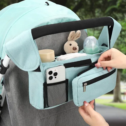 Miniatura 5 de Organizador de cochecito con portavasos aislados, organizador universal azul para cochecito de bebé con bolsillo desmontable para teléfono
