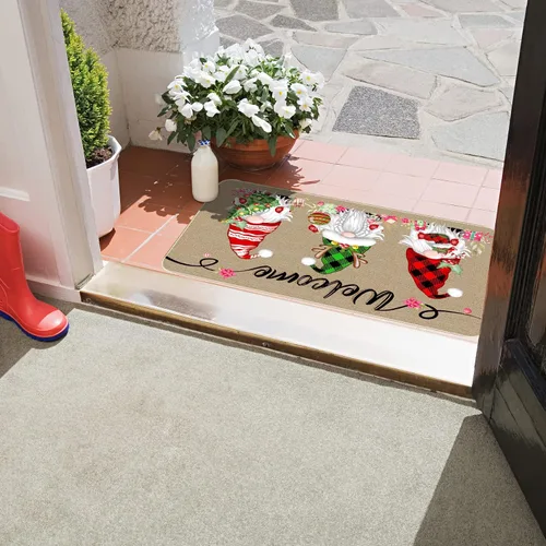 Miniatura 5 de TREWAVE Felpudo Decorativo de Bienvenida Navideño, Tapete de Puerta de Gnomo Navideño a Cuadros Buffalo, Alfombra de Entrada Antideslizante, 29 x 17