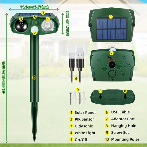 Miniatura 7 de Repelente solar de animales para exteriores, disuasorio ultrasónico de jardín con sensor de movimiento para gatos, ardillas y roedores, estaca