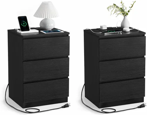 Miniatura 25 de VASAGLE Mesita de noche con estación de carga, 2 salidas de CA y 2 puertos USB, mesita de noche, mesa auxiliar con 3 cajones, estilo moderno, 13.8 x