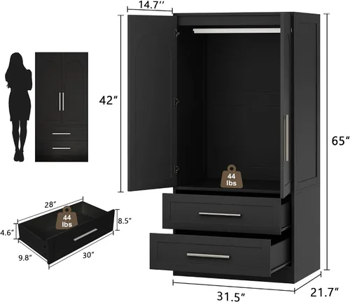 Miniatura 2 de Einhomn Armario de madera con 2 puertas y 2 cajones, armario de almacenamiento independiente con estantes, armario alto de almacenamiento de ropa