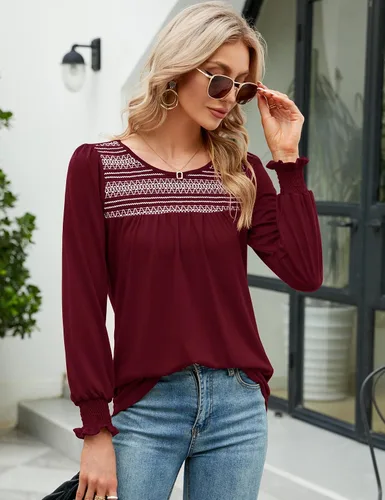 Miniatura 3 de LOMON Blusas de verano para mujer, de manga corta, estilo bohemio, bordado, informal, de algodón