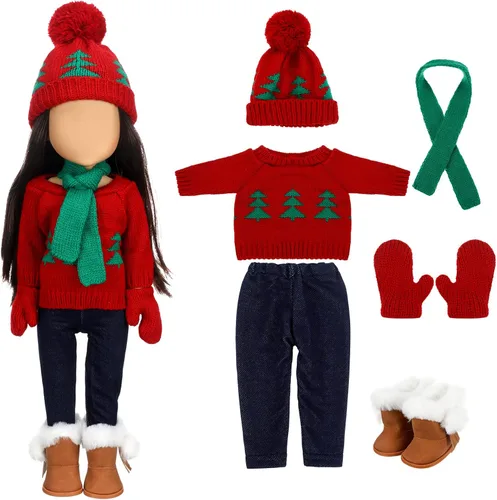Miniatura 10 de Bencailor Conjunto de 6 piezas de ropa y accesorios de muñeca de Navidad de 18 pulgadas, conjunto de trajes de invierno, suéteres, pantalones, Rojo