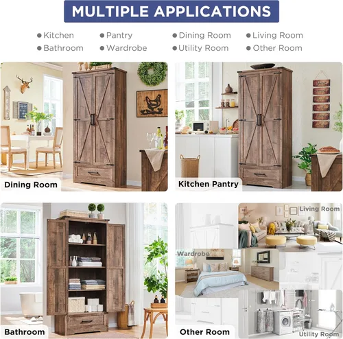 Miniatura 3 de Gabinete de despensa de cocina estilo granja - Gabinetes de almacenamiento de cocina de madera de 72" de alto con estantes ajustables y 2 puertas