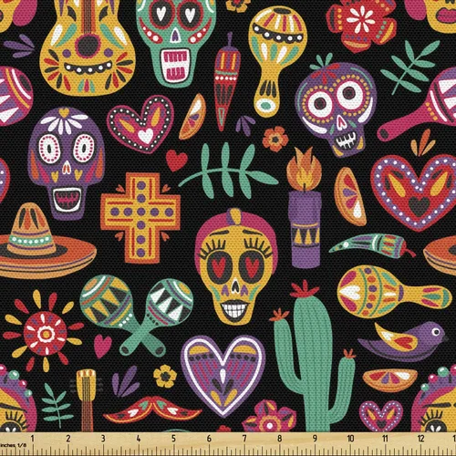Miniatura 44 de Ambesonne The Yard, tela de calavera colorida con temática de Halloween, diseño de calavera y huesos cruzados, divertido estampado de dibujos