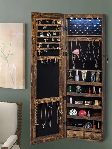 Miniatura 8 de YOKUKINA Armario de espejo de joyería, organizador de almacenamiento grande con luz LED, armario con cerradura para colgar en la puerta o montar